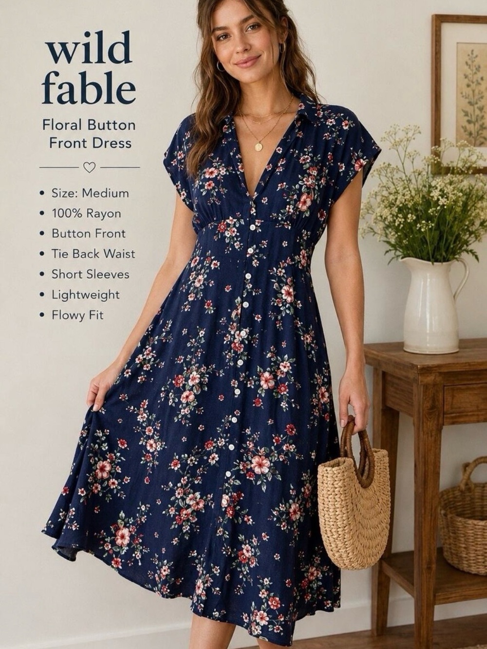 wild fable Navy Floral Midi Button-Front Dress